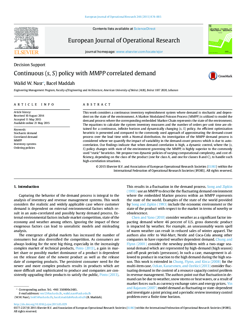 Continuous (s, S) policy with MMPP correlated demand