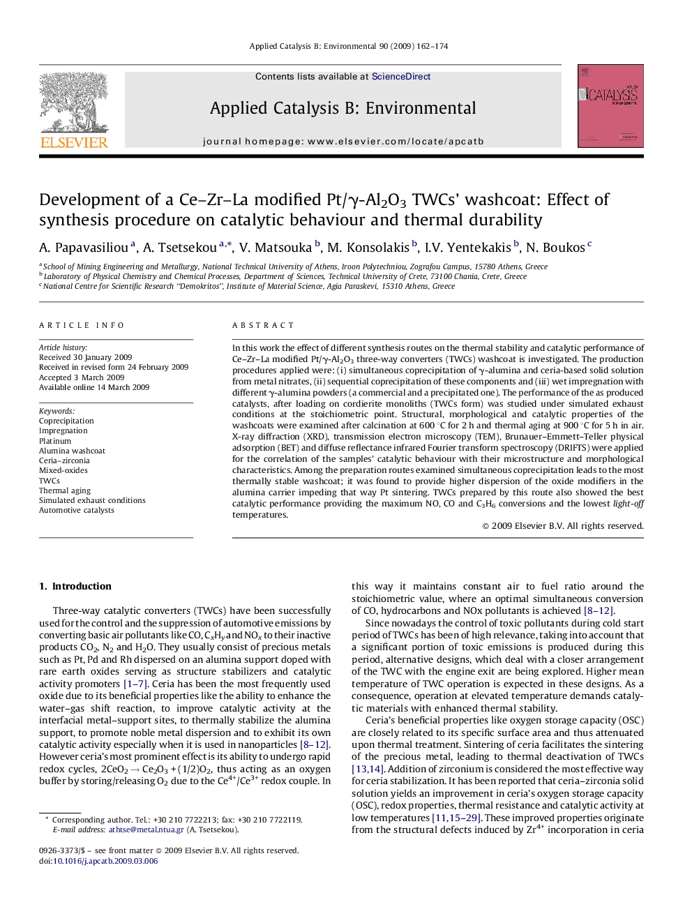 Development of a Ce–Zr–La modified Pt/γ-Al2O3 TWCs’ washcoat: Effect of synthesis procedure on catalytic behaviour and thermal durability