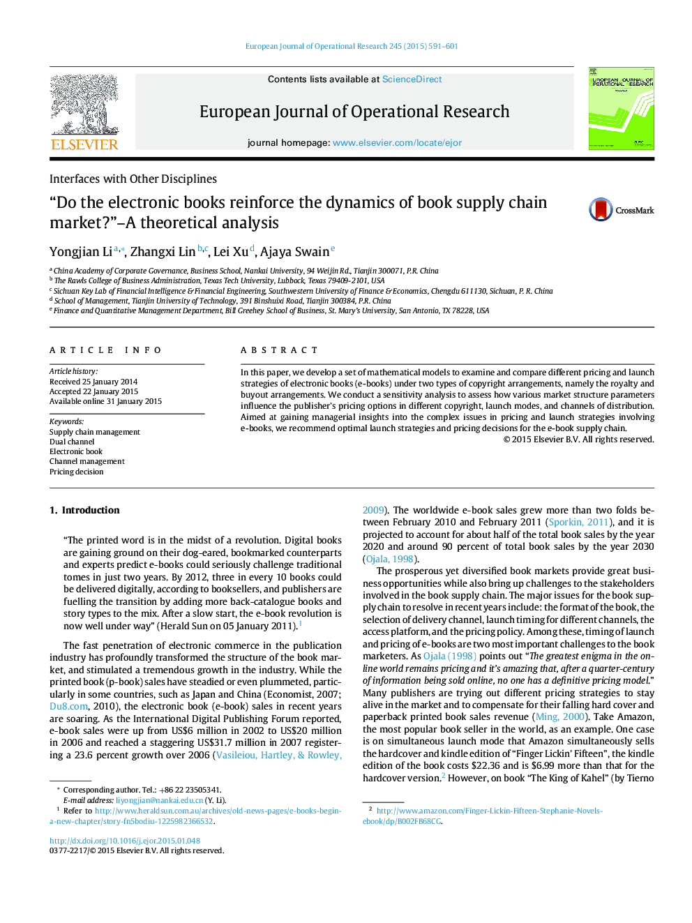 “Do the electronic books reinforce the dynamics of book supply chain market?”–A theoretical analysis