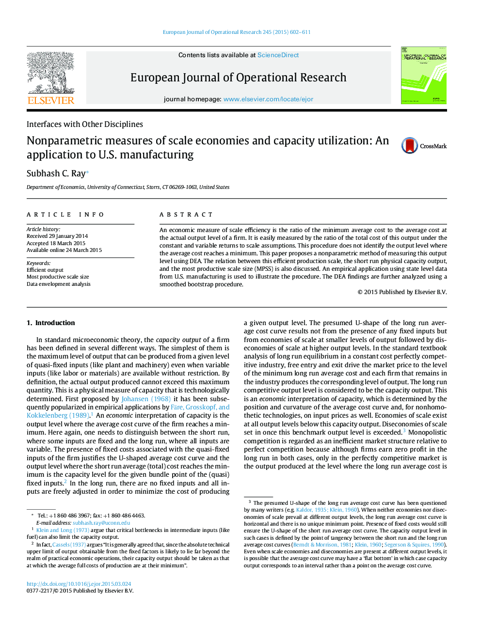 Nonparametric measures of scale economies and capacity utilization: An application to U.S. manufacturing