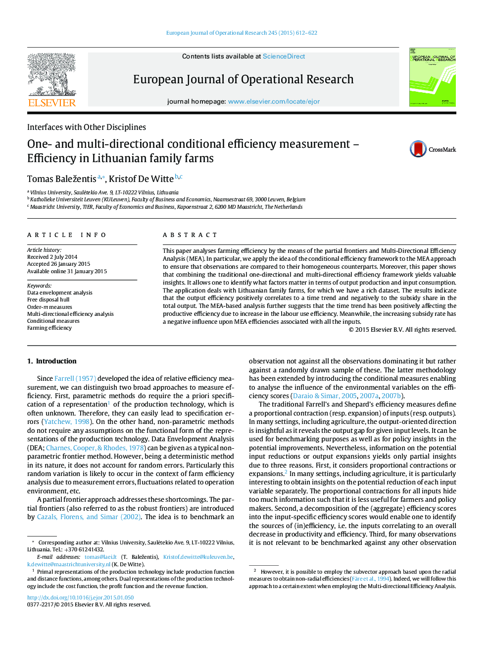 One- and multi-directional conditional efficiency measurement – Efficiency in Lithuanian family farms