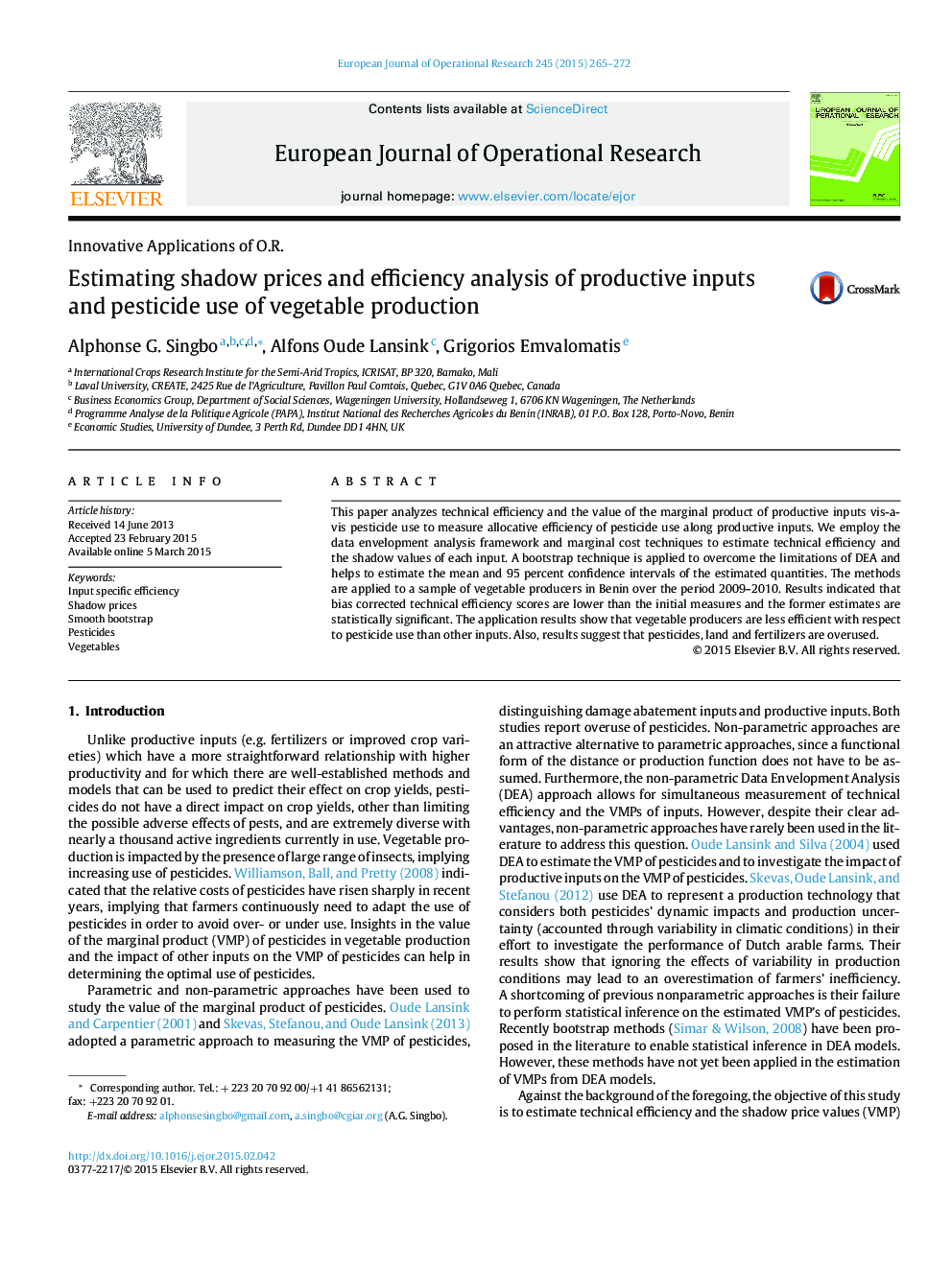 Estimating shadow prices and efficiency analysis of productive inputs and pesticide use of vegetable production