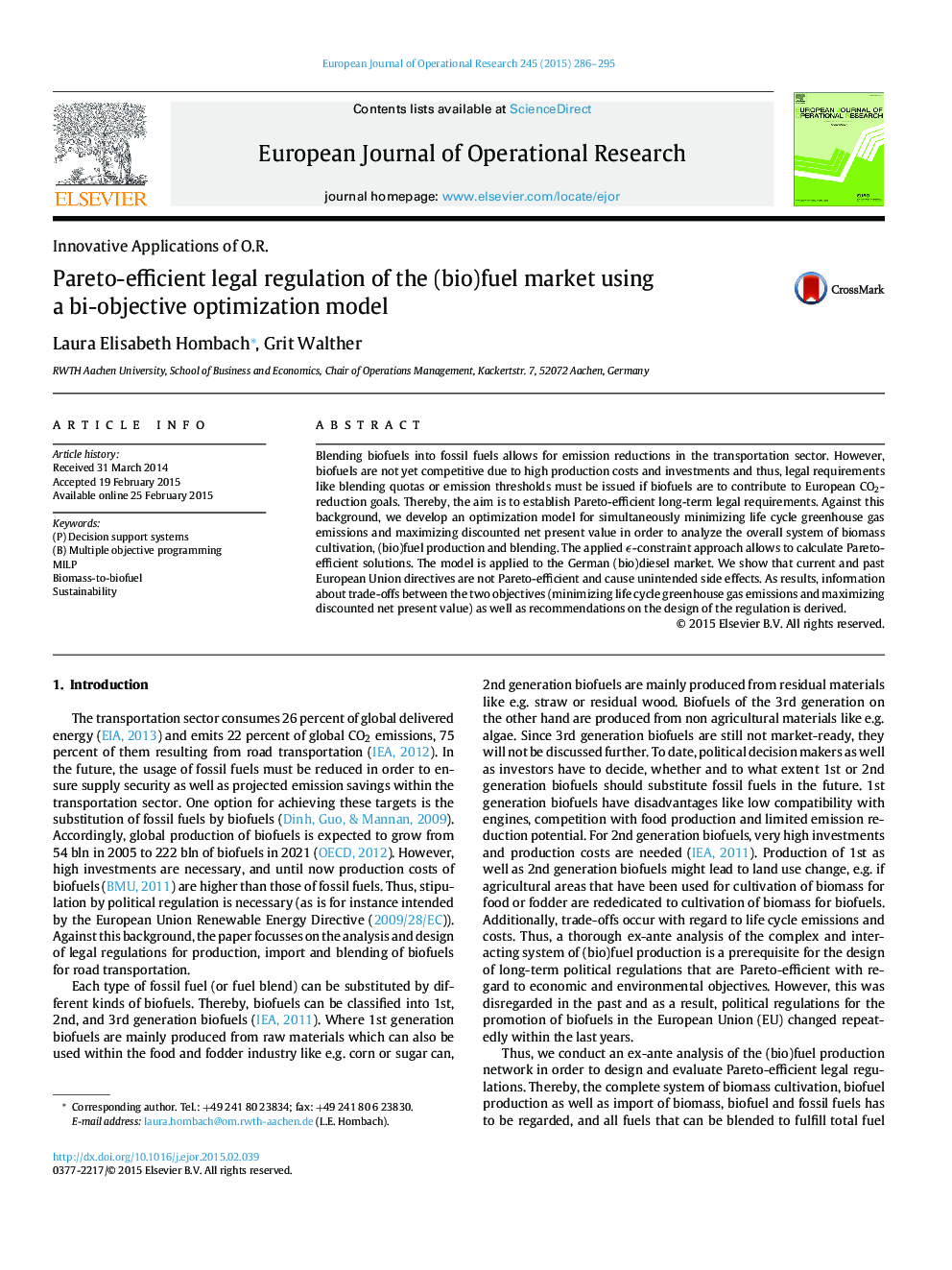 Pareto-efficient legal regulation of the (bio)fuel market using a bi-objective optimization model