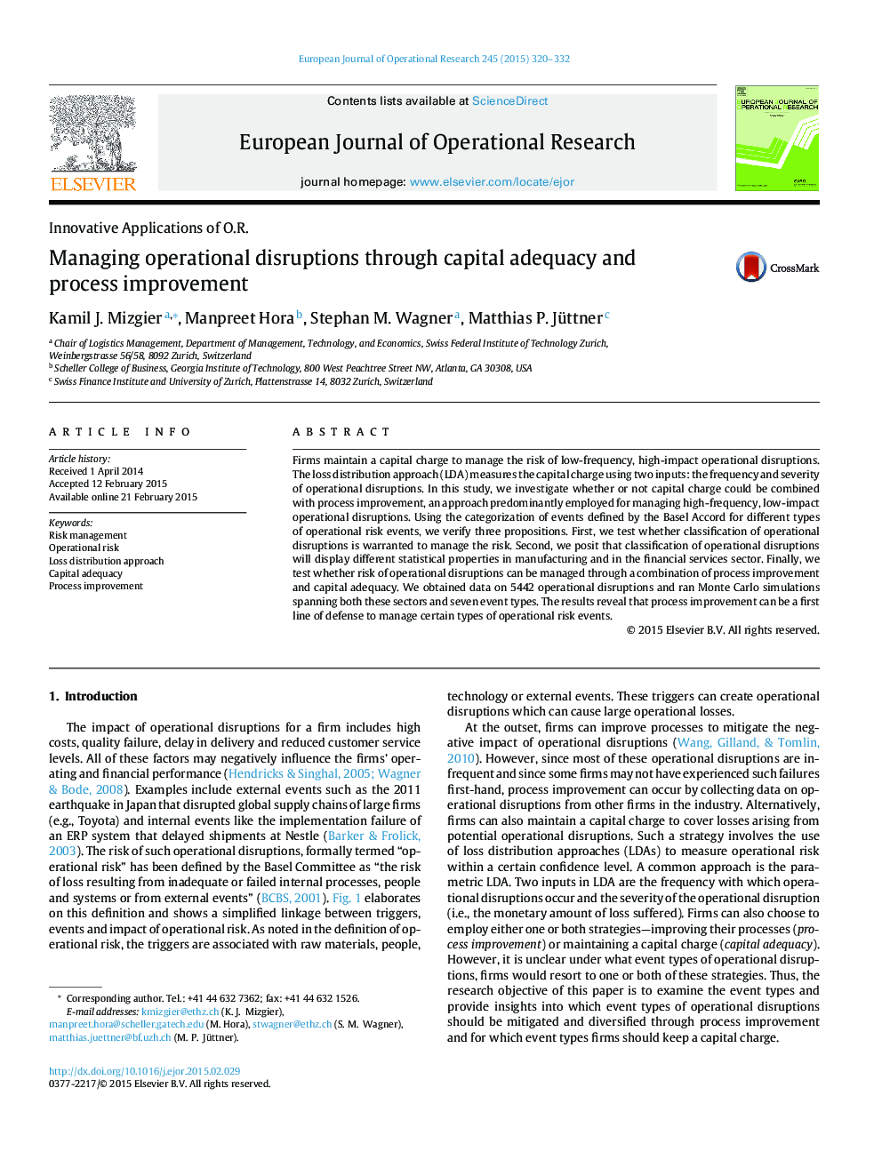 Managing operational disruptions through capital adequacy and process improvement