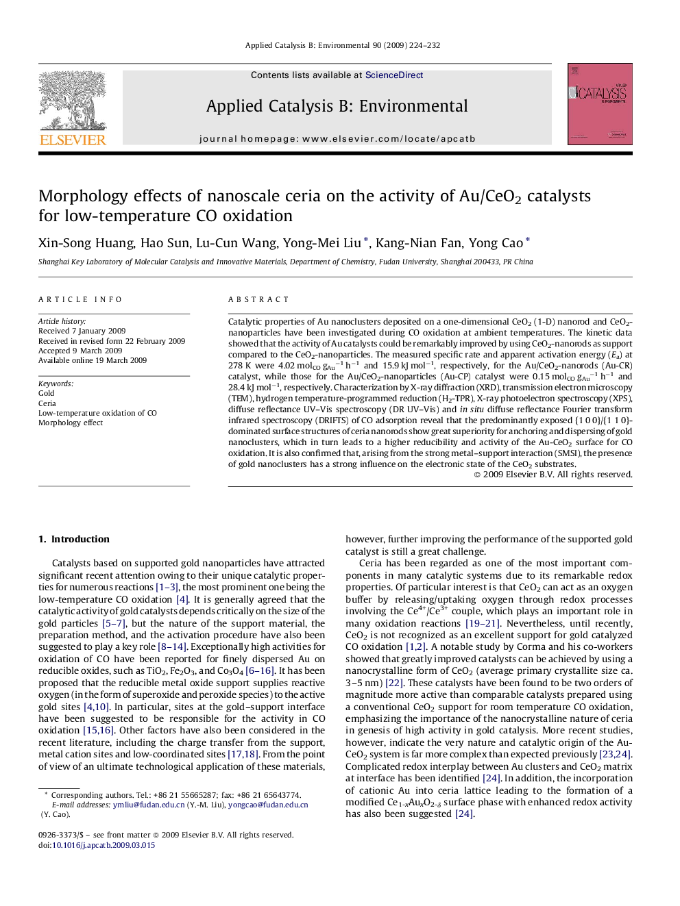 عکس صفحه اول مقاله: Morphology effects of nanoscale ceria on the activity of Au/CeO2 catalysts for low-temperature CO oxidation Morphology effects of nanoscale ceria on the activity of Au/CeO2 catalysts for low-temperature CO oxidation