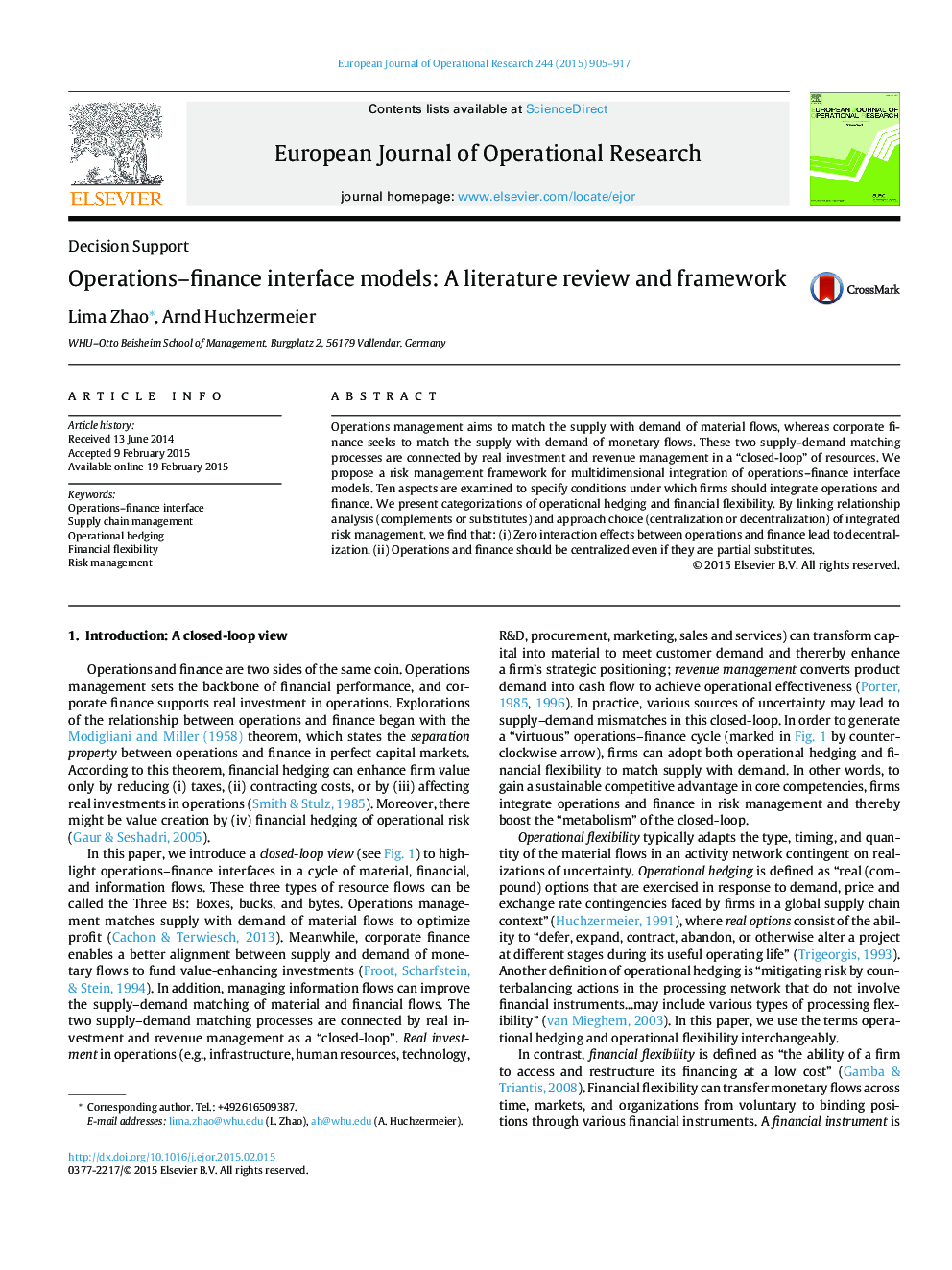 Operations–finance interface models: A literature review and framework