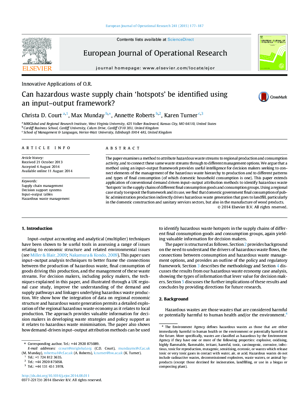 Can hazardous waste supply chain ‘hotspots’ be identified using an input–output framework?