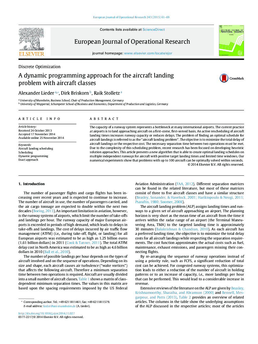 A dynamic programming approach for the aircraft landing problem with aircraft classes