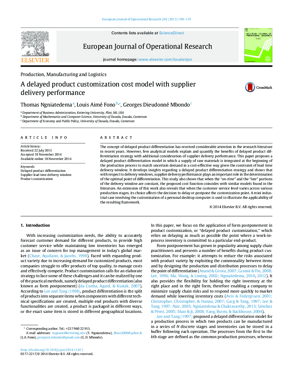 A delayed product customization cost model with supplier delivery performance