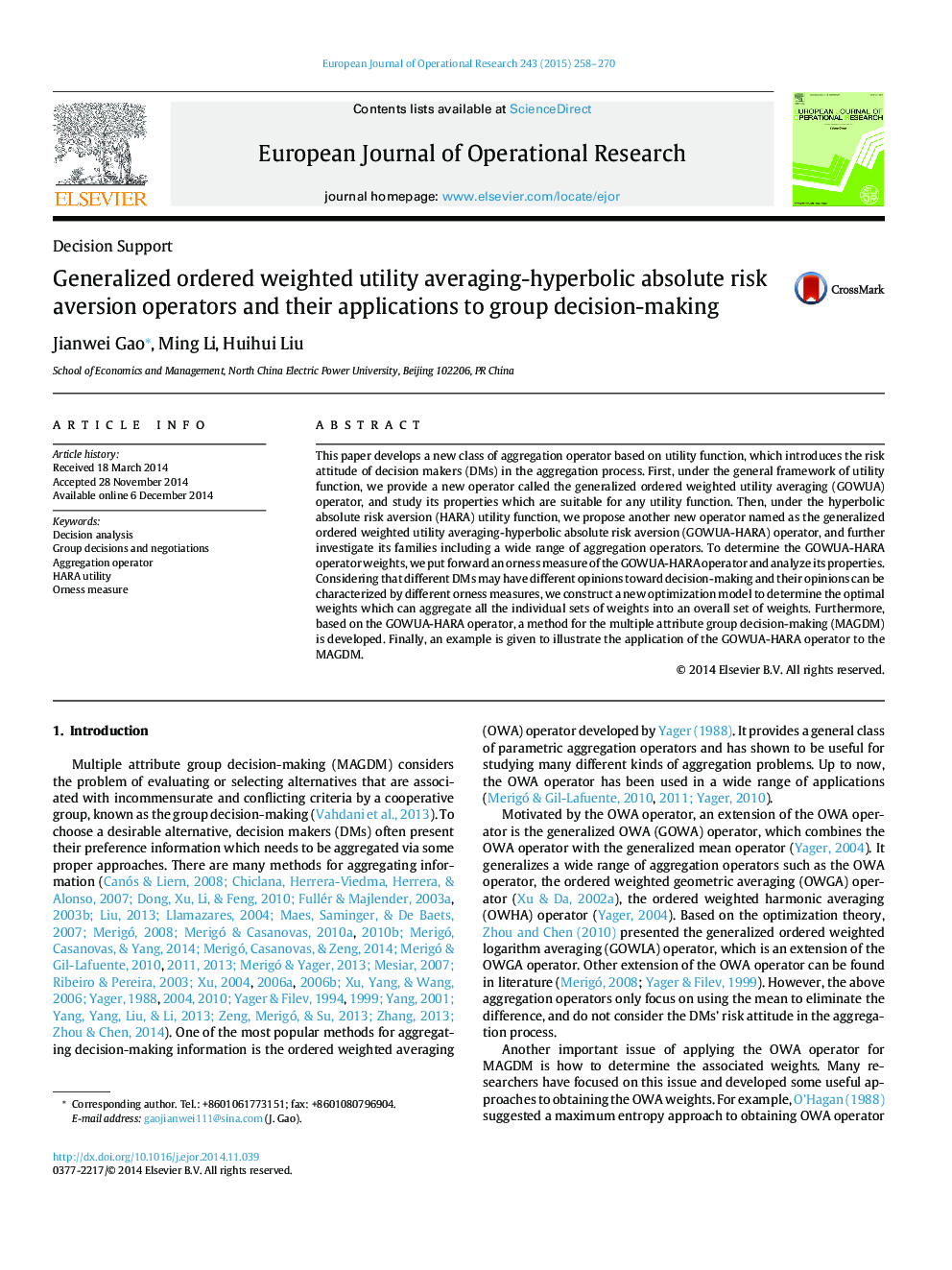 Generalized ordered weighted utility averaging-hyperbolic absolute risk aversion operators and their applications to group decision-making