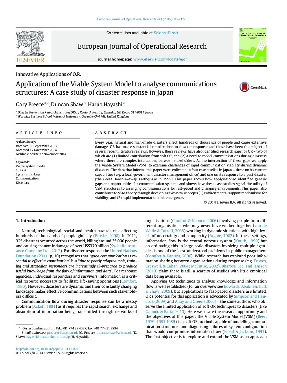 Application of the Viable System Model to analyse communications structures: A case study of disaster response in Japan