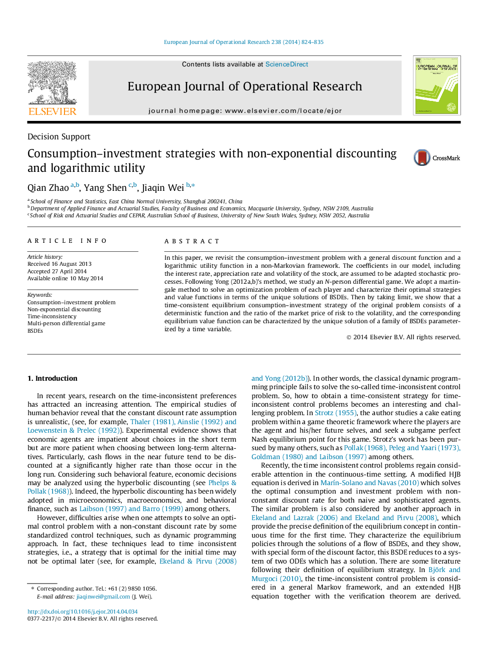 Consumption–investment strategies with non-exponential discounting and logarithmic utility