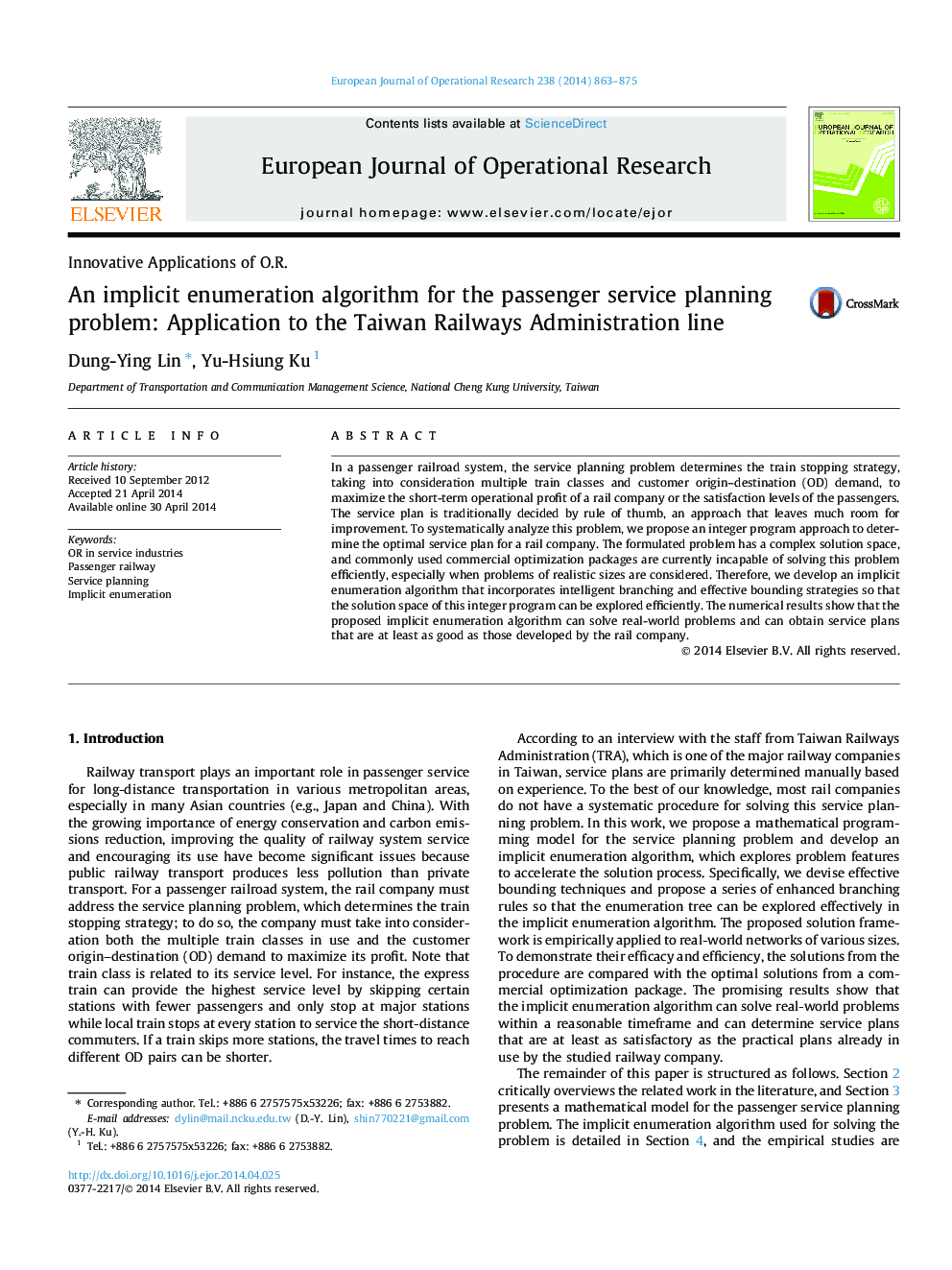 An implicit enumeration algorithm for the passenger service planning problem: Application to the Taiwan Railways Administration line
