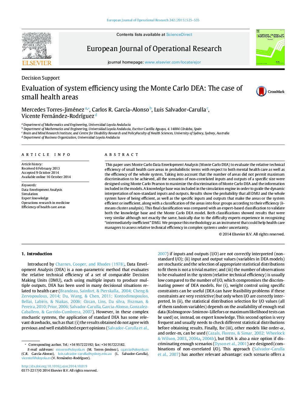 Evaluation of system efficiency using the Monte Carlo DEA: The
 case of small health areas
