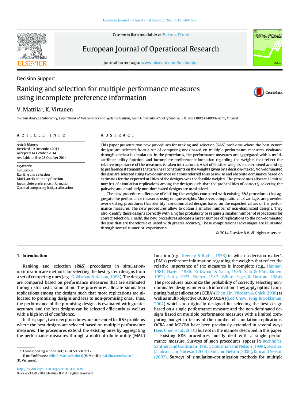 Ranking and selection for multiple performance measures using incomplete preference information