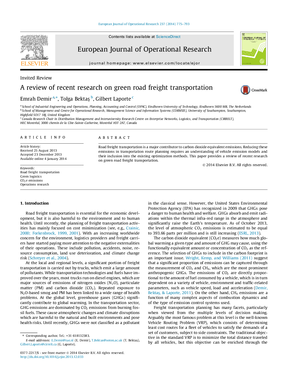 A review of recent research on green road freight transportation