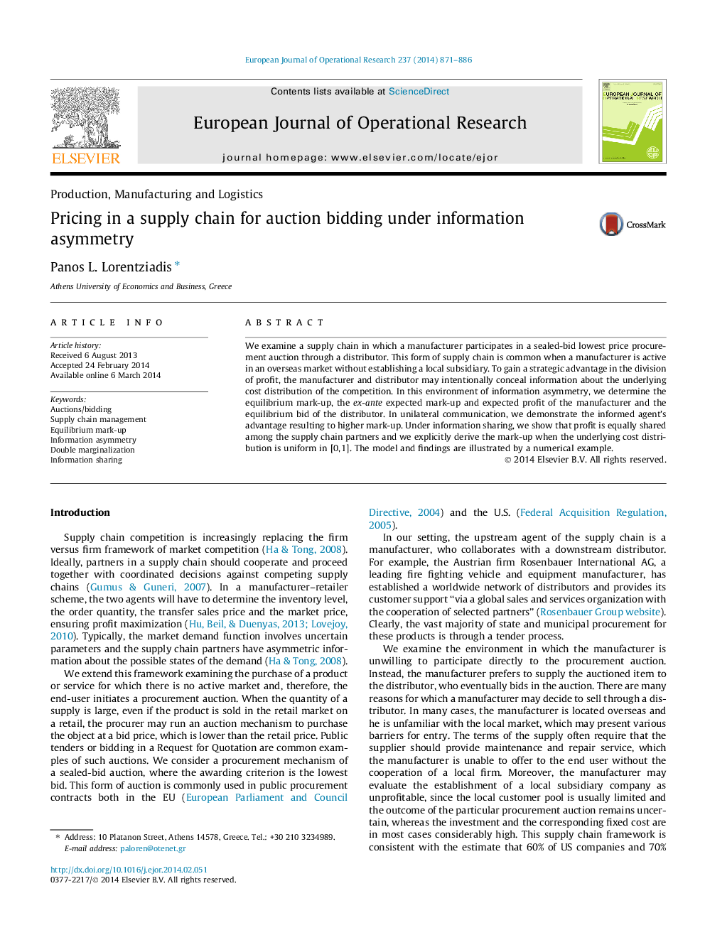 Pricing in a supply chain for auction bidding under information asymmetry