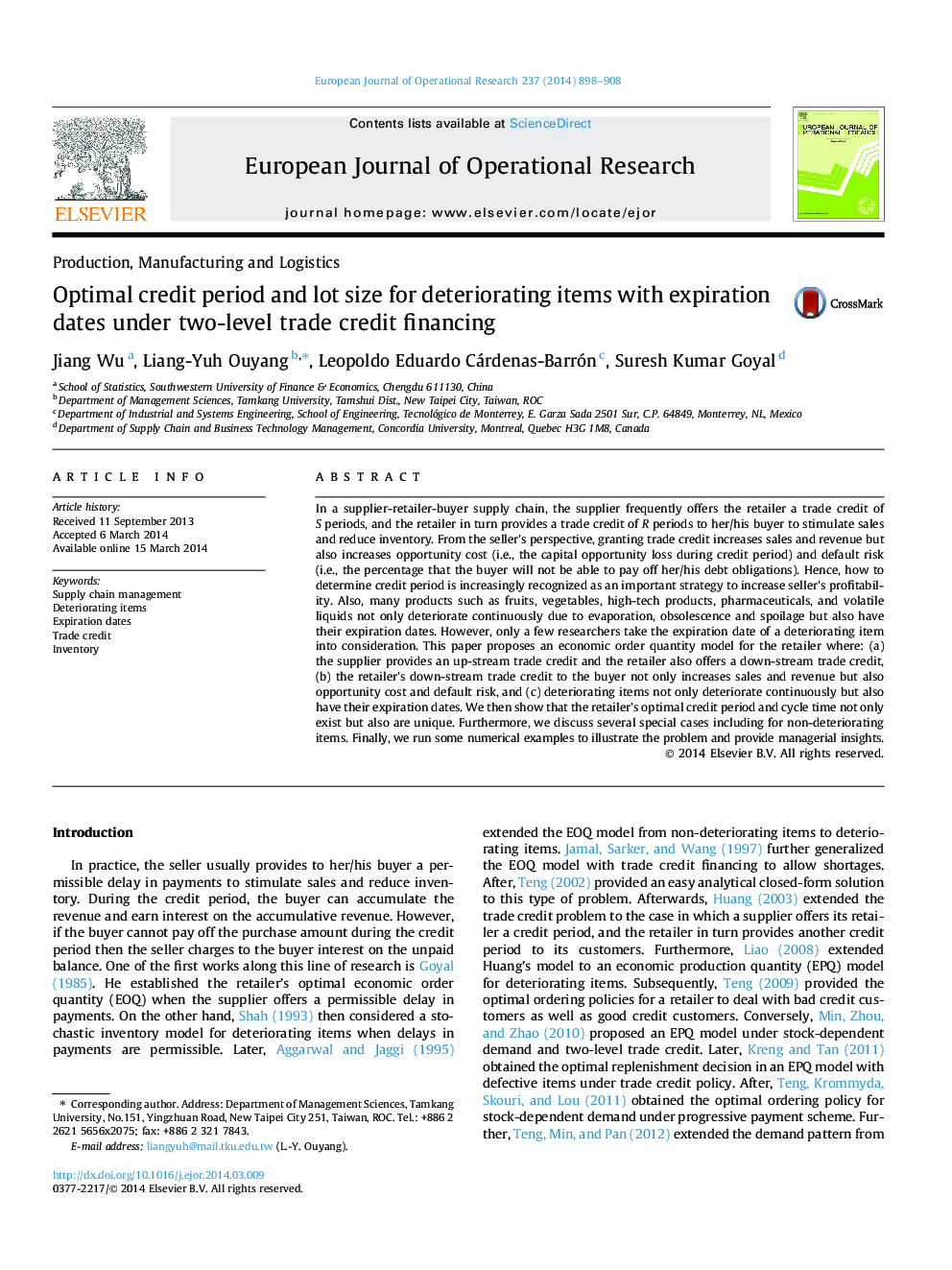 Optimal credit period and lot size for deteriorating items with expiration dates under two-level trade credit financing