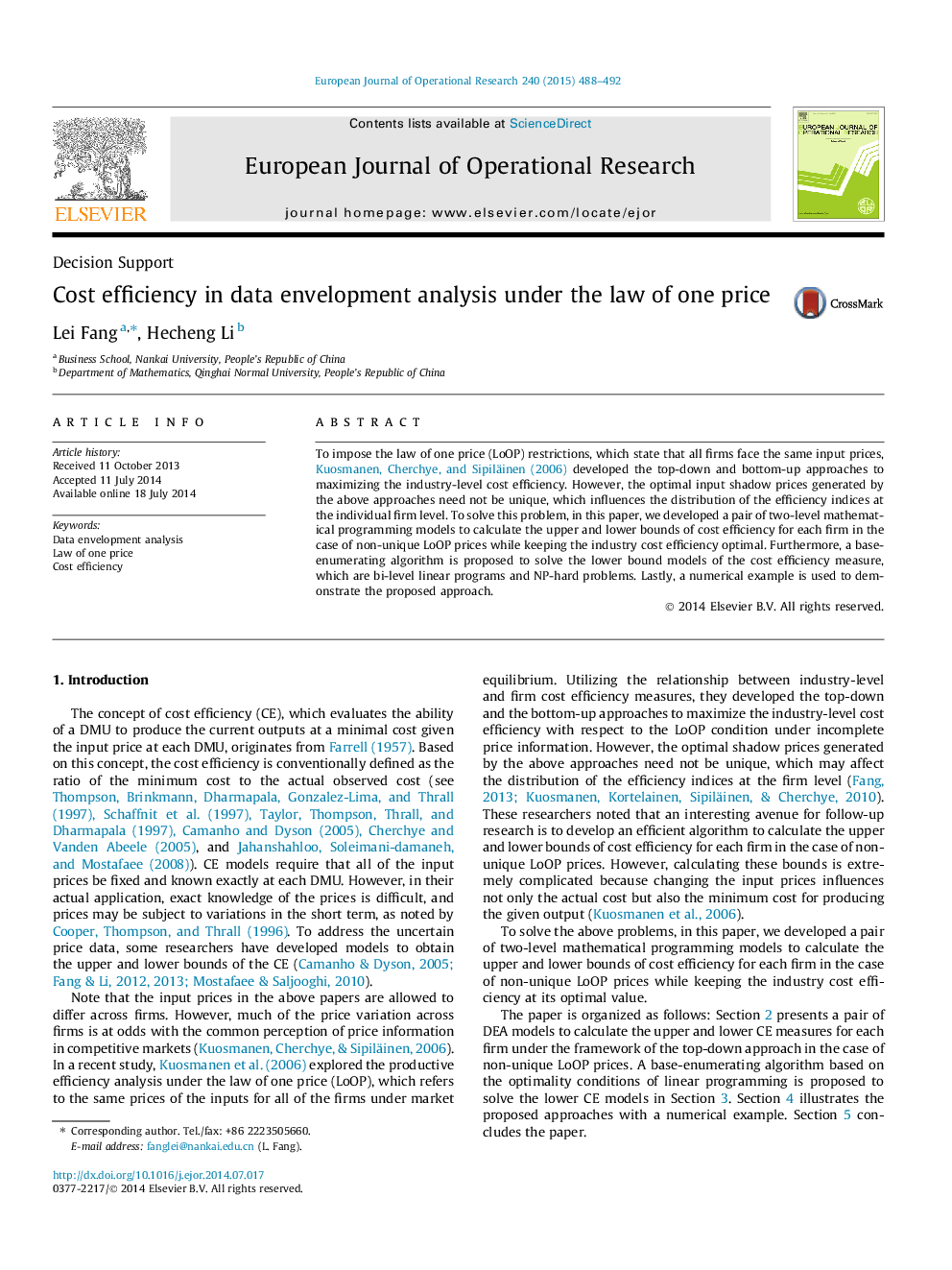 Cost efficiency in data envelopment analysis under the law of one price