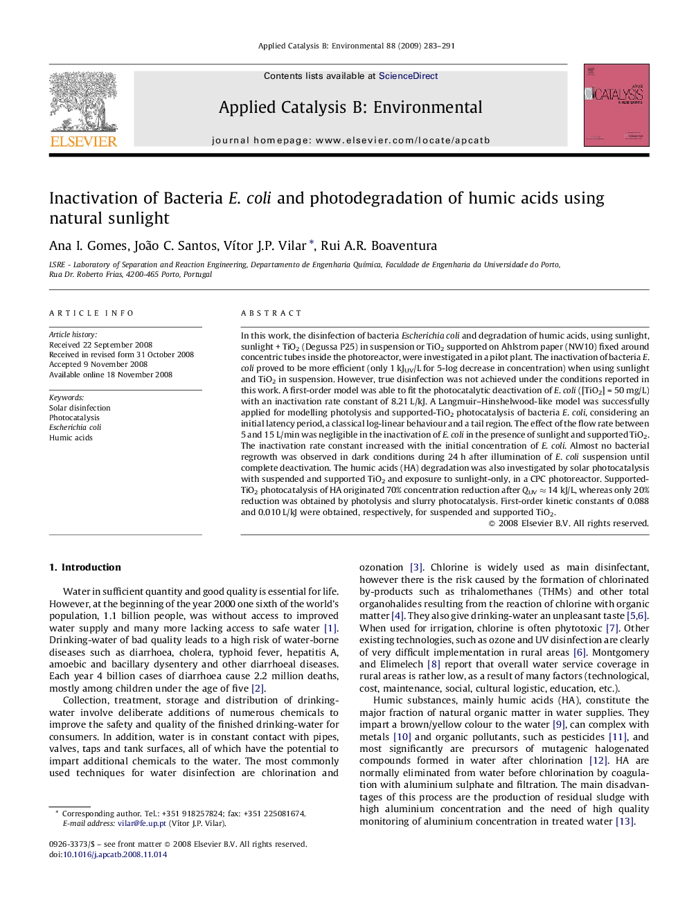 Inactivation of Bacteria E. coli and photodegradation of humic acids using natural sunlight