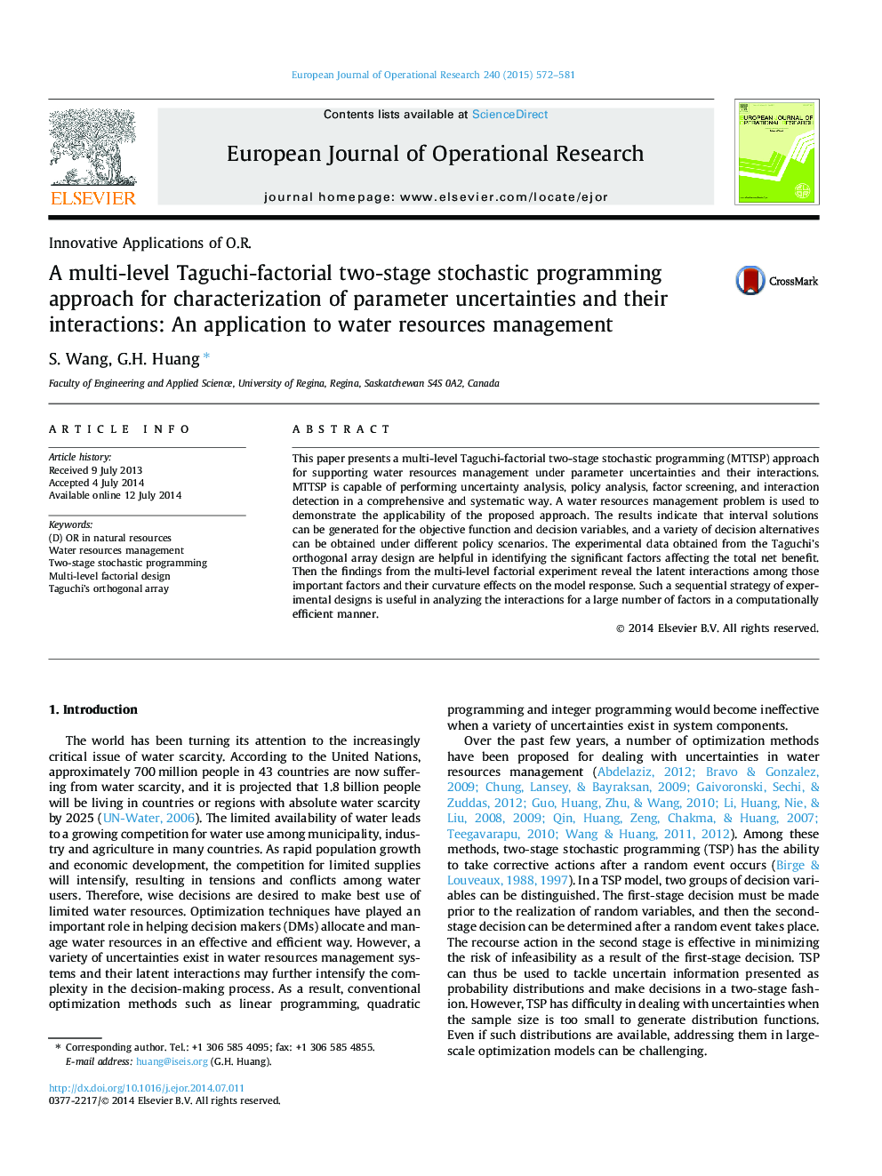 A multi-level Taguchi-factorial two-stage stochastic programming approach for characterization of parameter uncertainties and their interactions: An application to water resources management