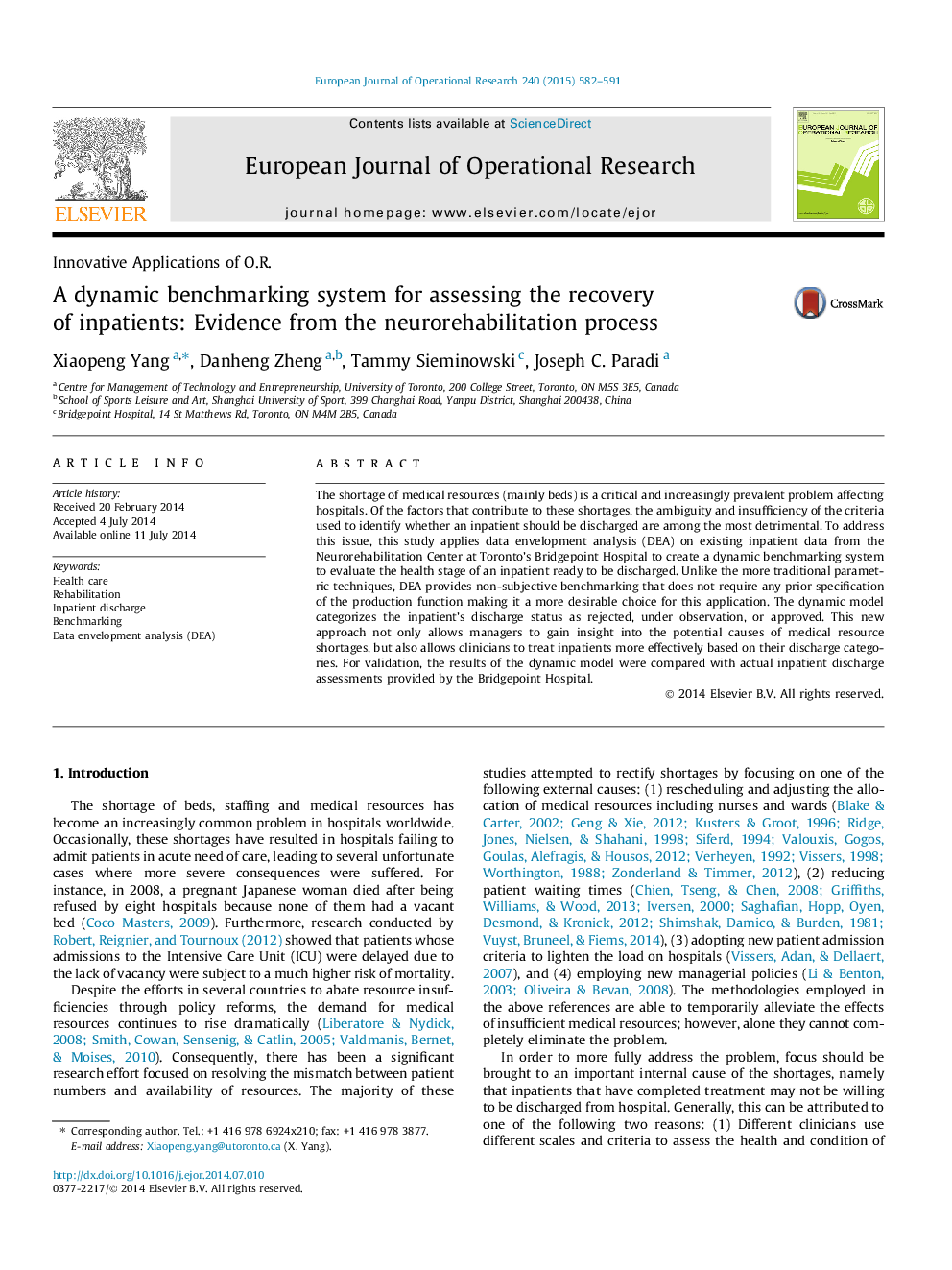 A dynamic benchmarking system for assessing the recovery of inpatients: Evidence from the neurorehabilitation process