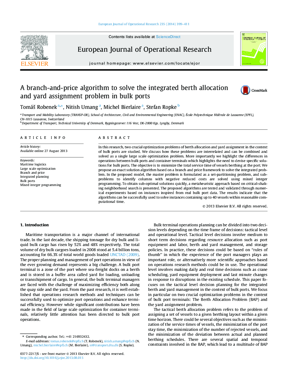 A branch-and-price algorithm to solve the integrated berth allocation and yard assignment problem in bulk ports