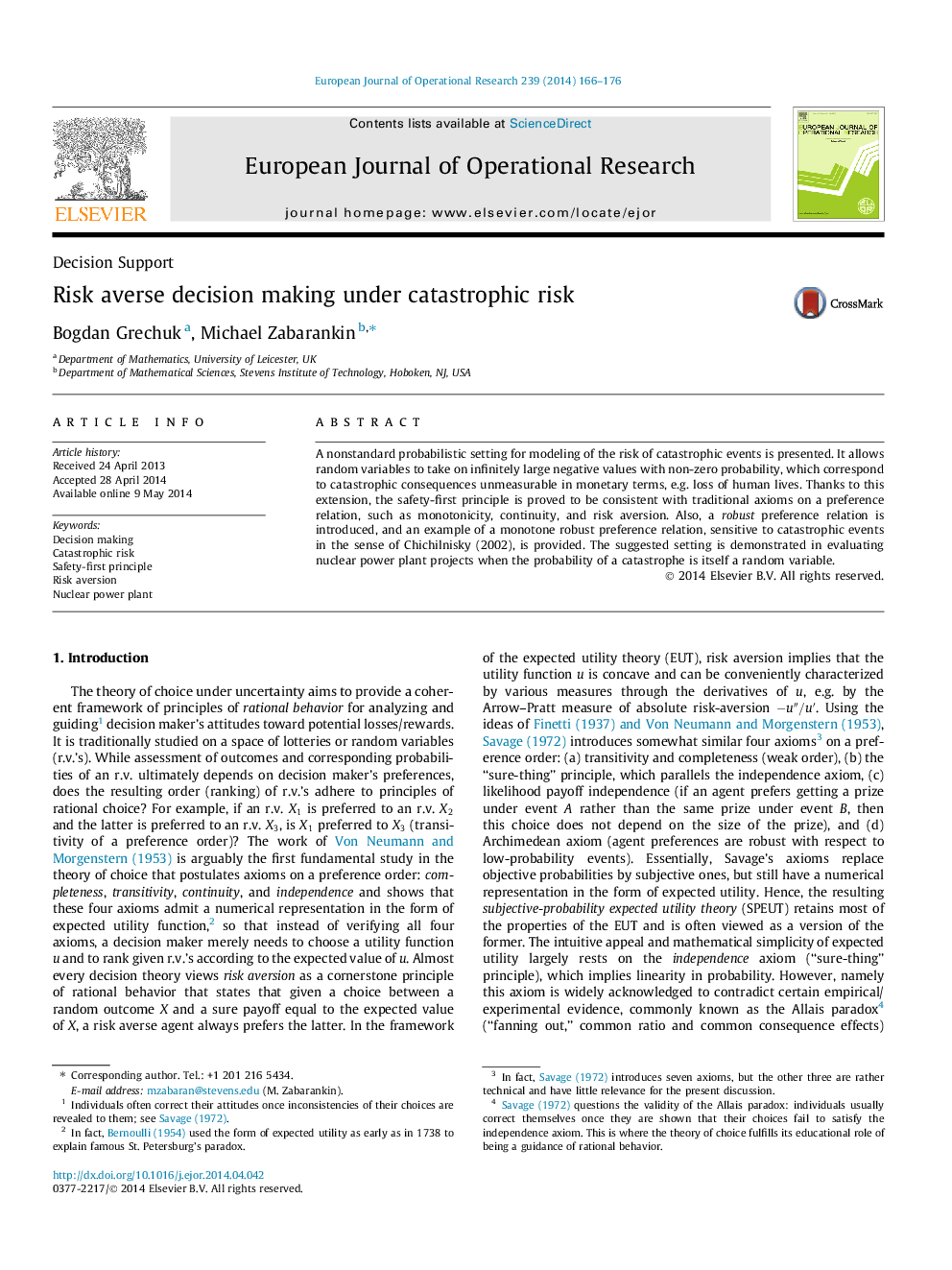 Risk averse decision making under catastrophic risk