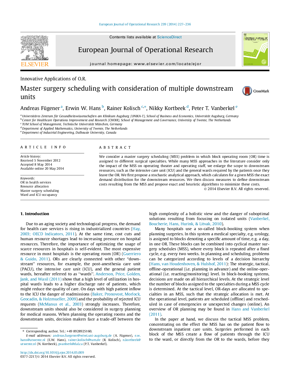 Master surgery scheduling with consideration of multiple downstream units