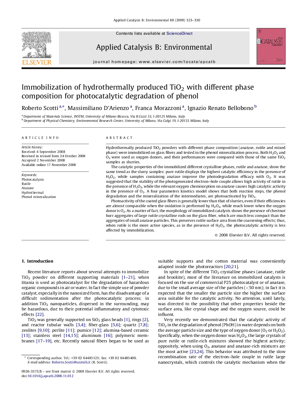 Immobilization of hydrothermally produced TiO2 with different phase composition for photocatalytic degradation of phenol