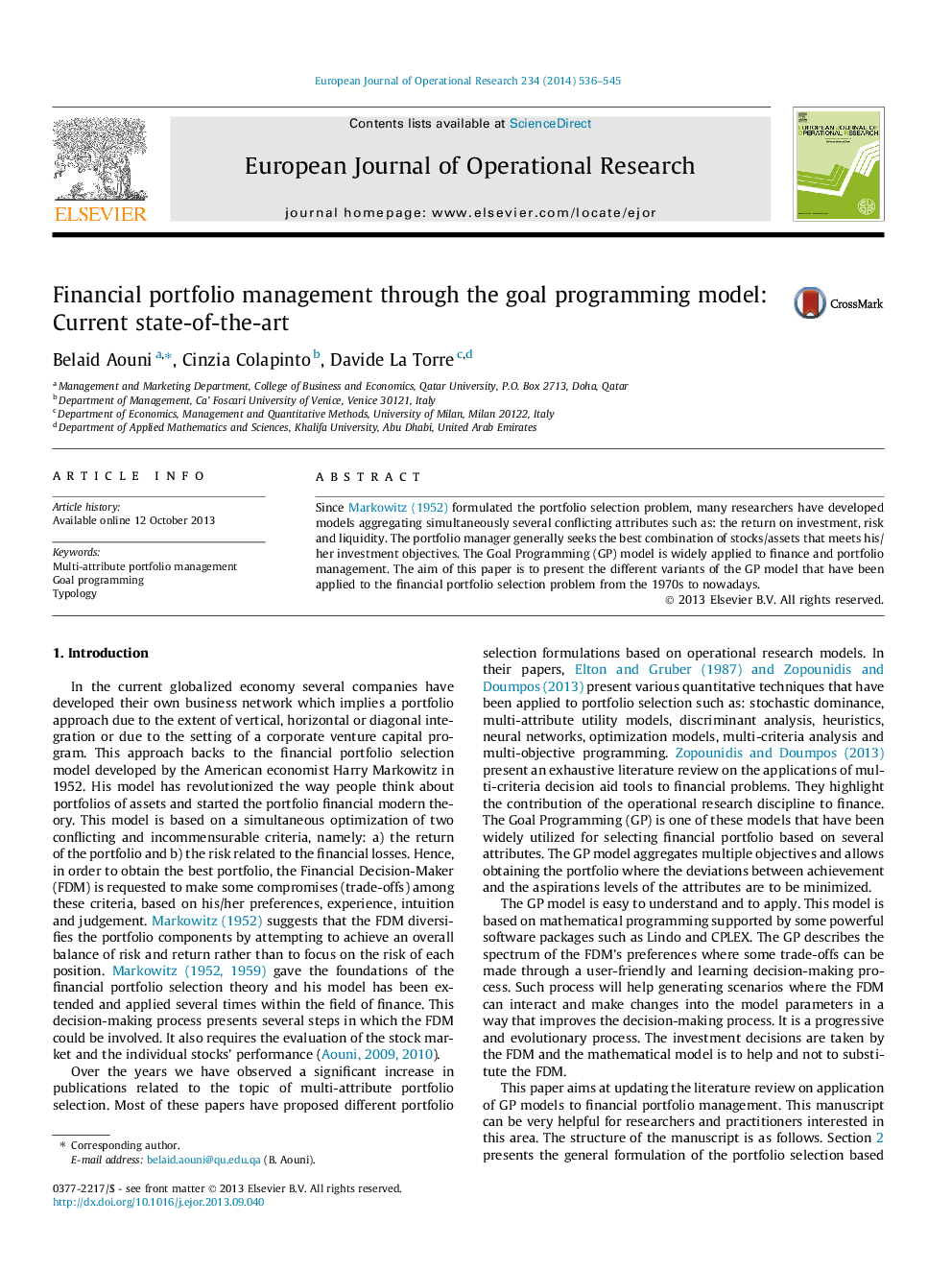 Financial portfolio management through the goal programming model: Current state-of-the-art