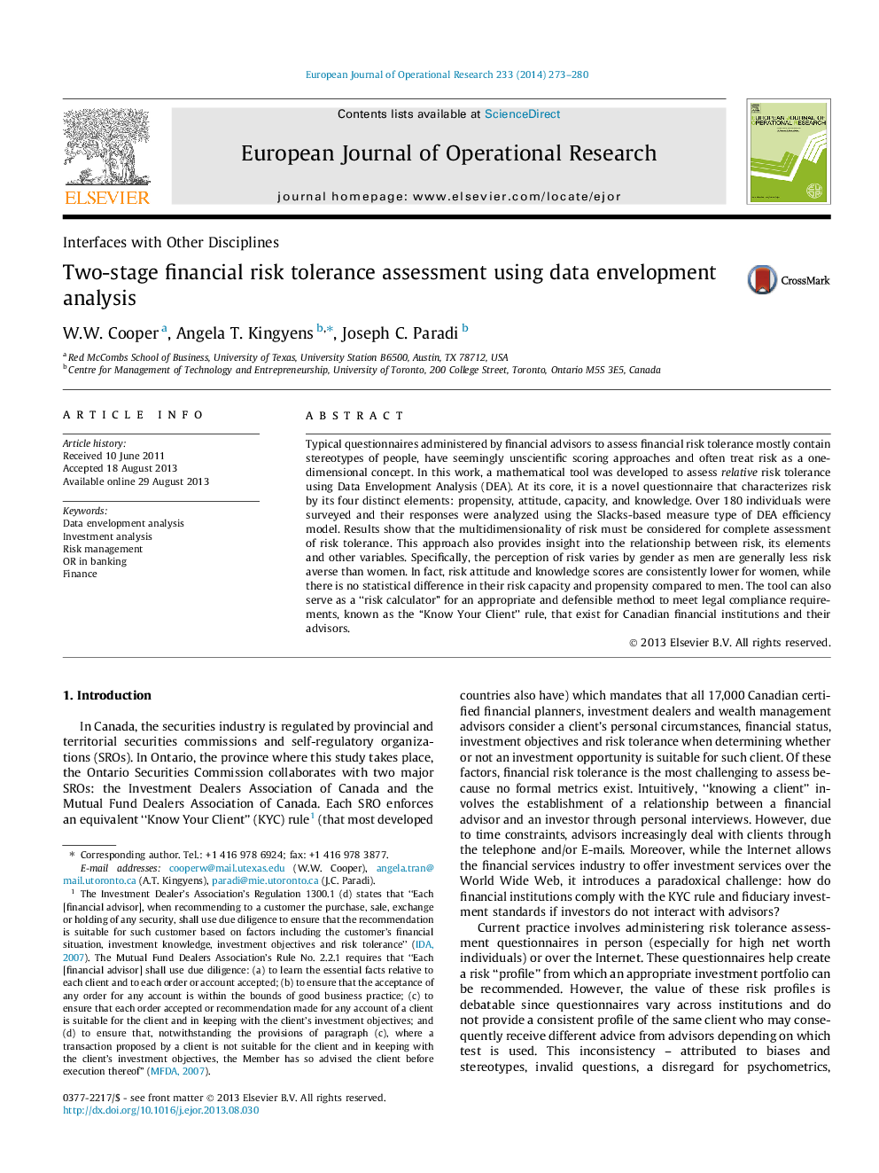 Two-stage financial risk tolerance assessment using data envelopment analysis