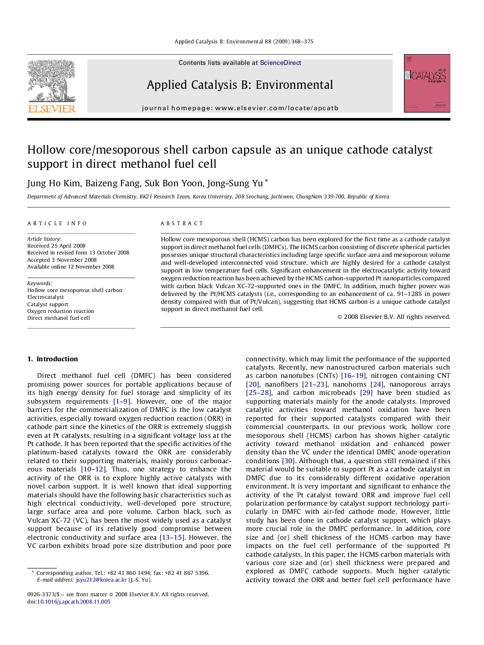 Hollow core/mesoporous shell carbon capsule as an unique cathode catalyst support in direct methanol fuel cell