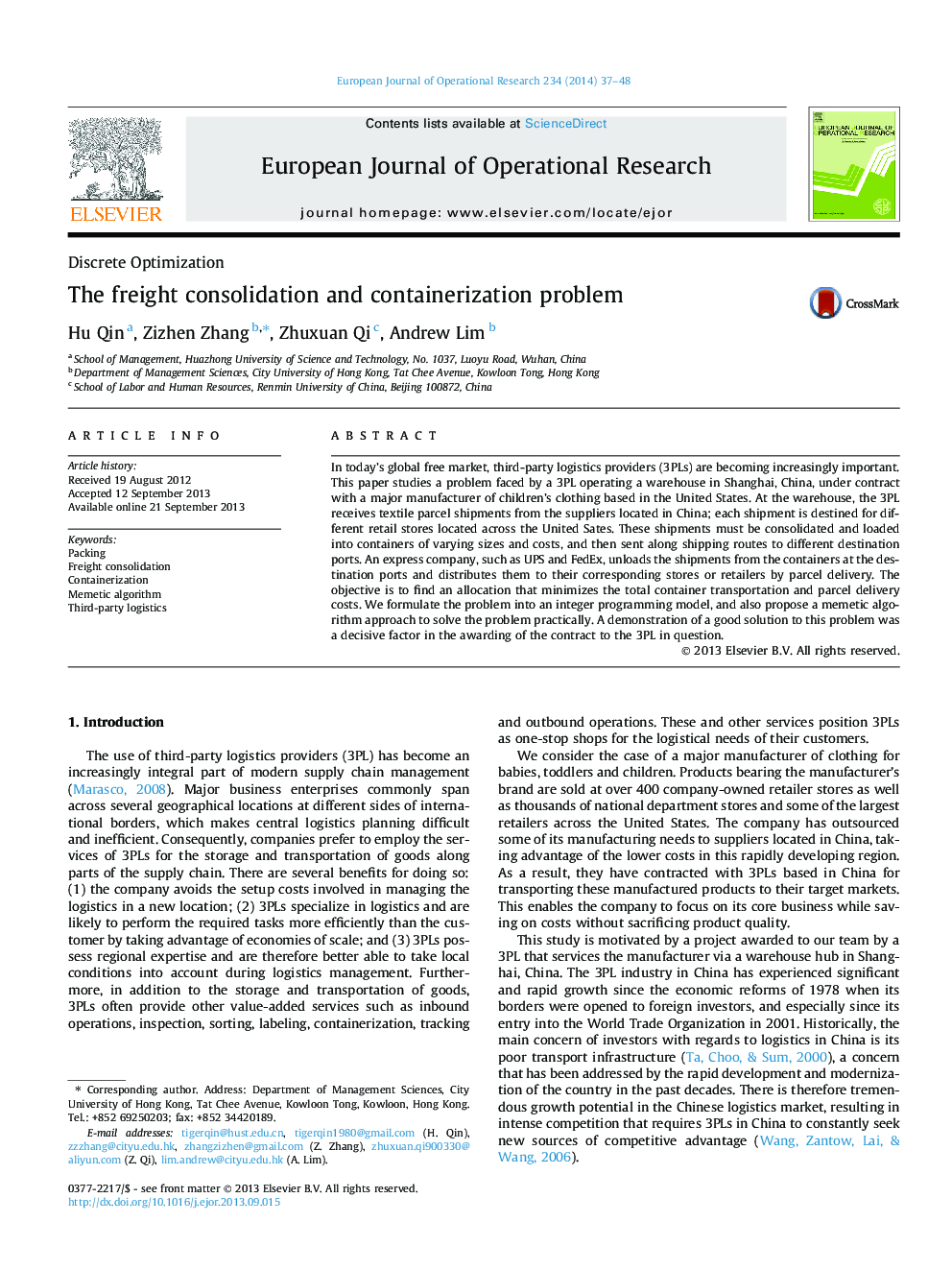 The freight consolidation and containerization problem