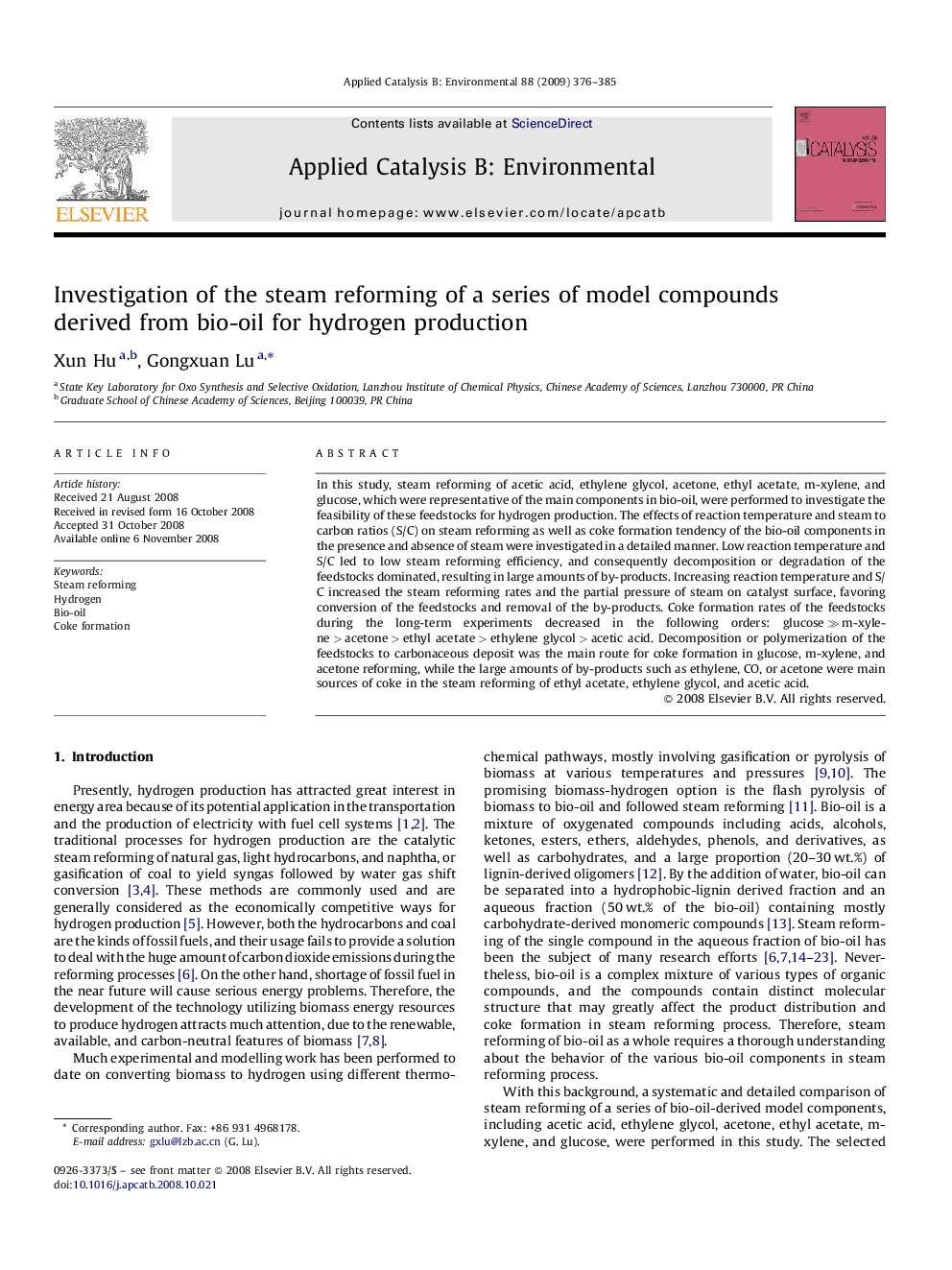 Investigation of the steam reforming of a series of model compounds derived from bio-oil for hydrogen production