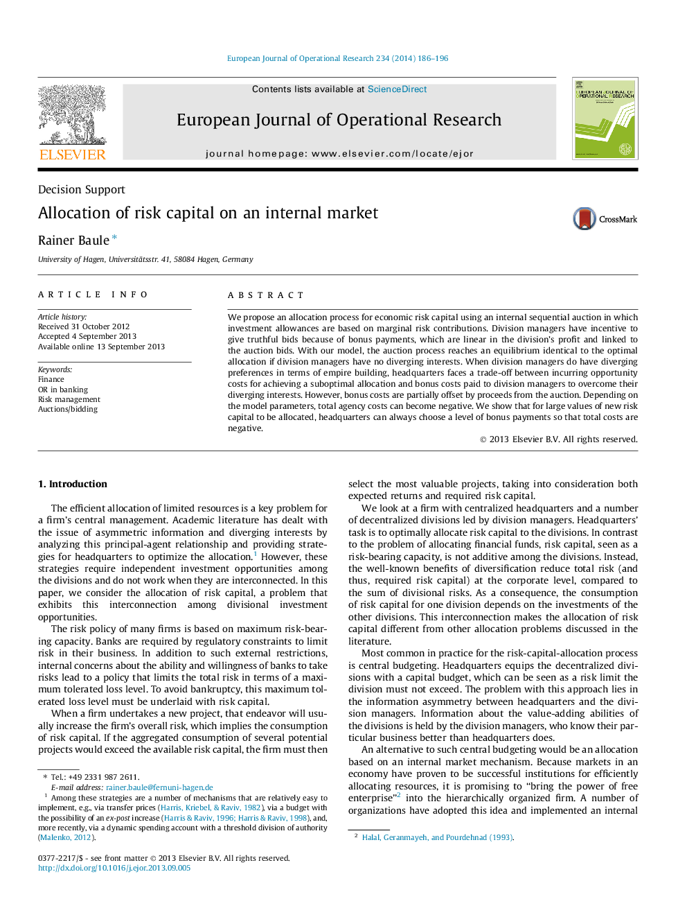 Allocation of risk capital on an internal market