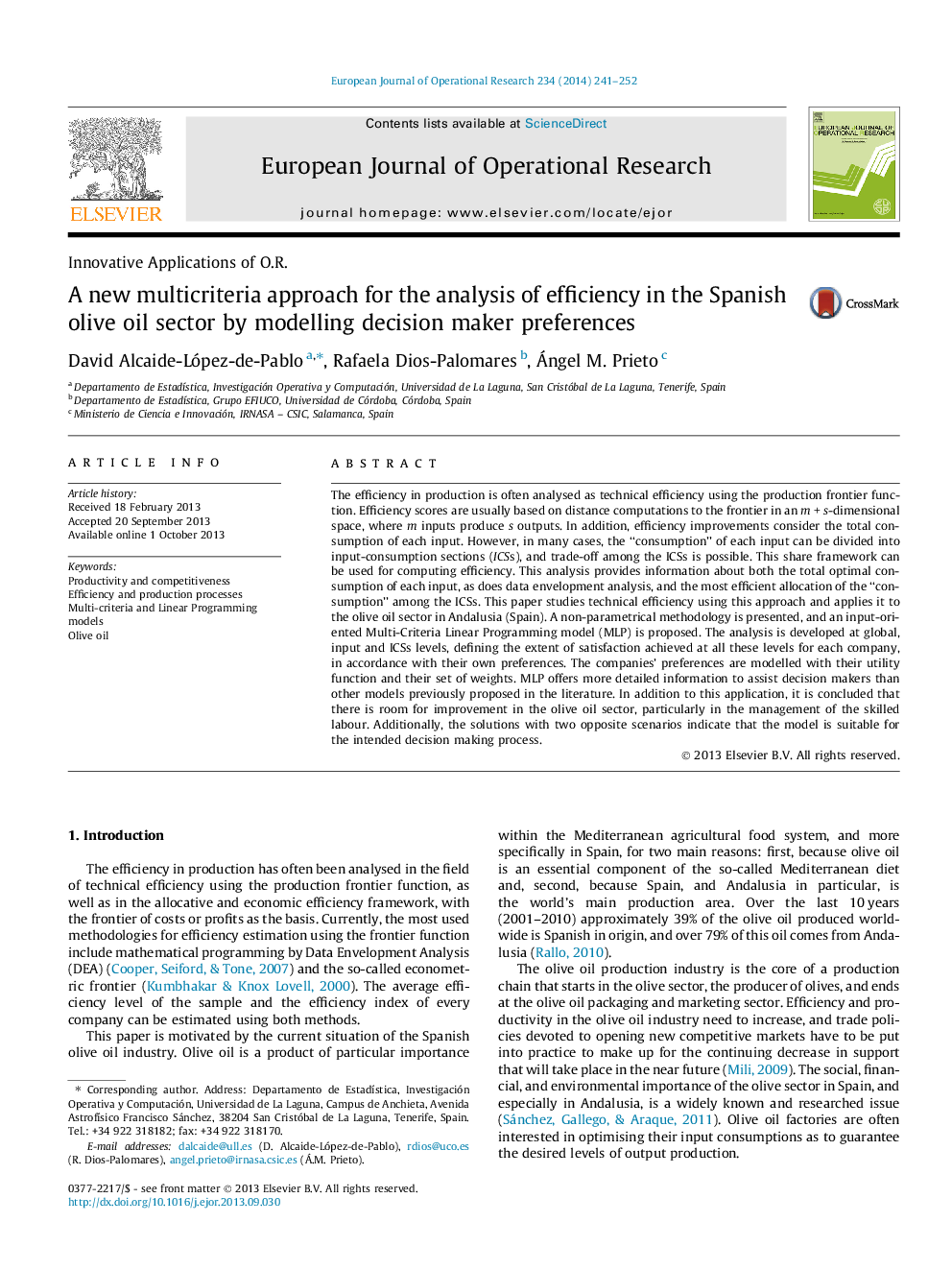 A new multicriteria approach for the analysis of efficiency in the Spanish olive oil sector by modelling decision maker preferences