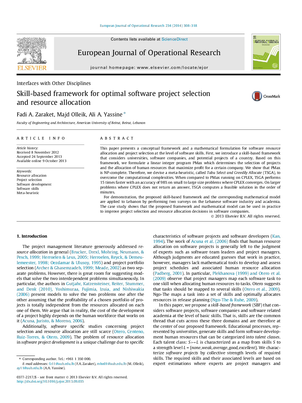 Skill-based framework for optimal software project selection and resource allocation