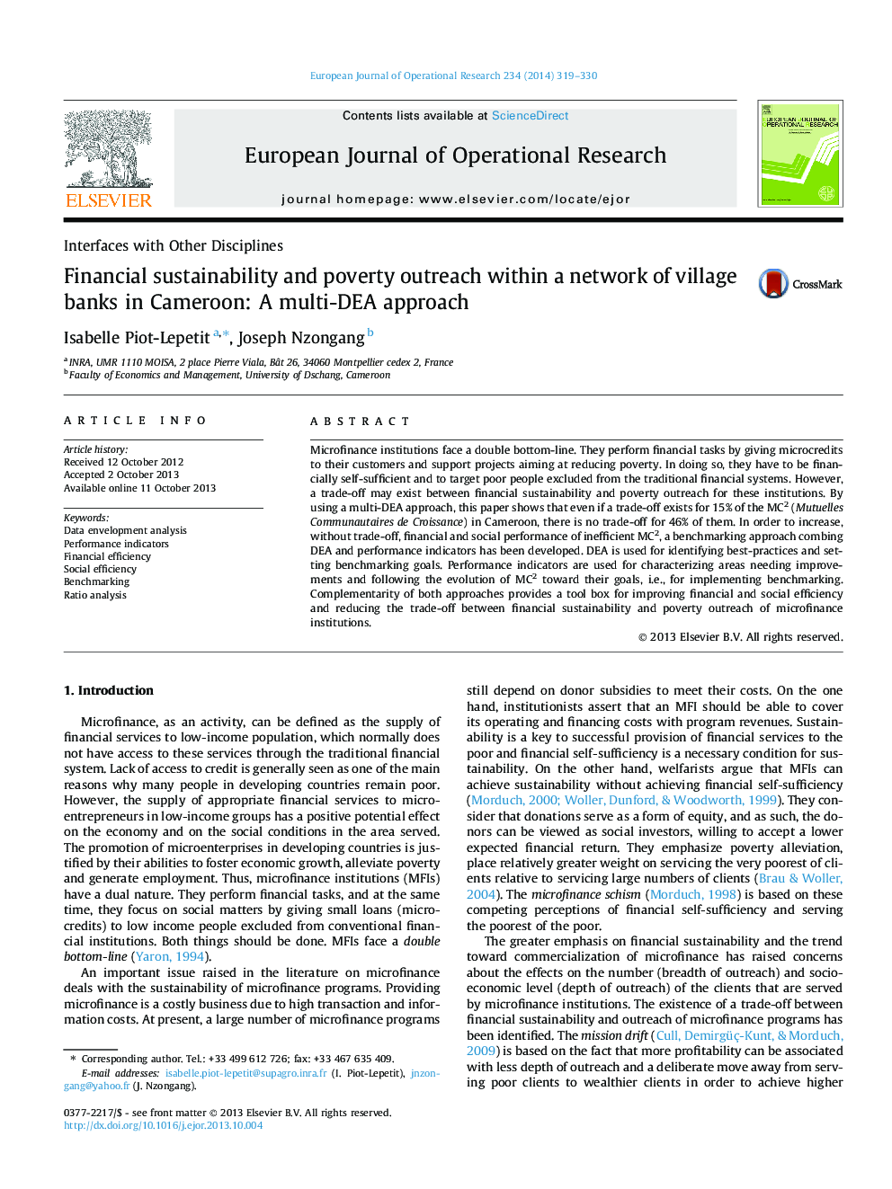 Financial sustainability and poverty outreach within a network of village banks in Cameroon: A multi-DEA approach