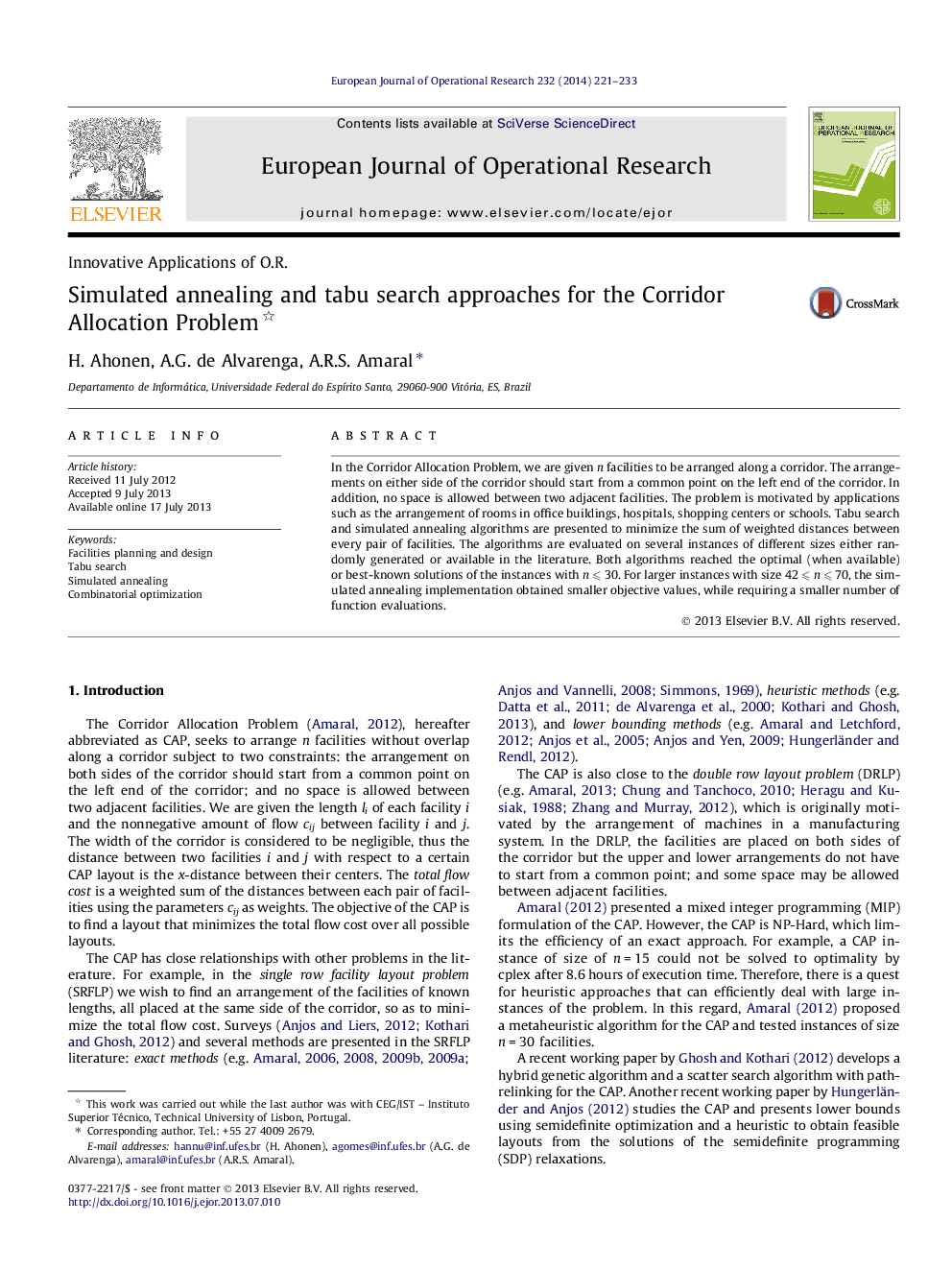 Simulated annealing and tabu search approaches for the Corridor Allocation Problem 