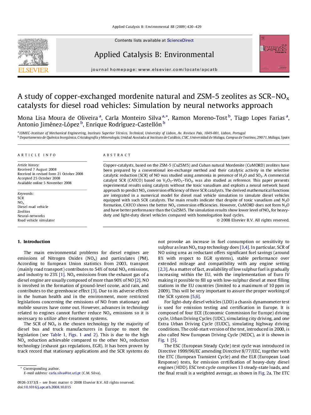 A study of copper-exchanged mordenite natural and ZSM-5 zeolites as SCR–NOx catalysts for diesel road vehicles: Simulation by neural networks approach