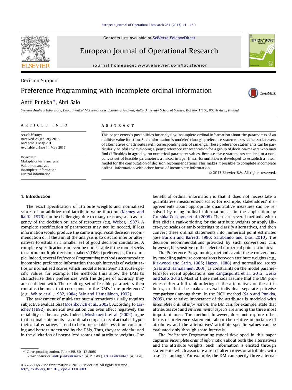 Preference Programming with incomplete ordinal information