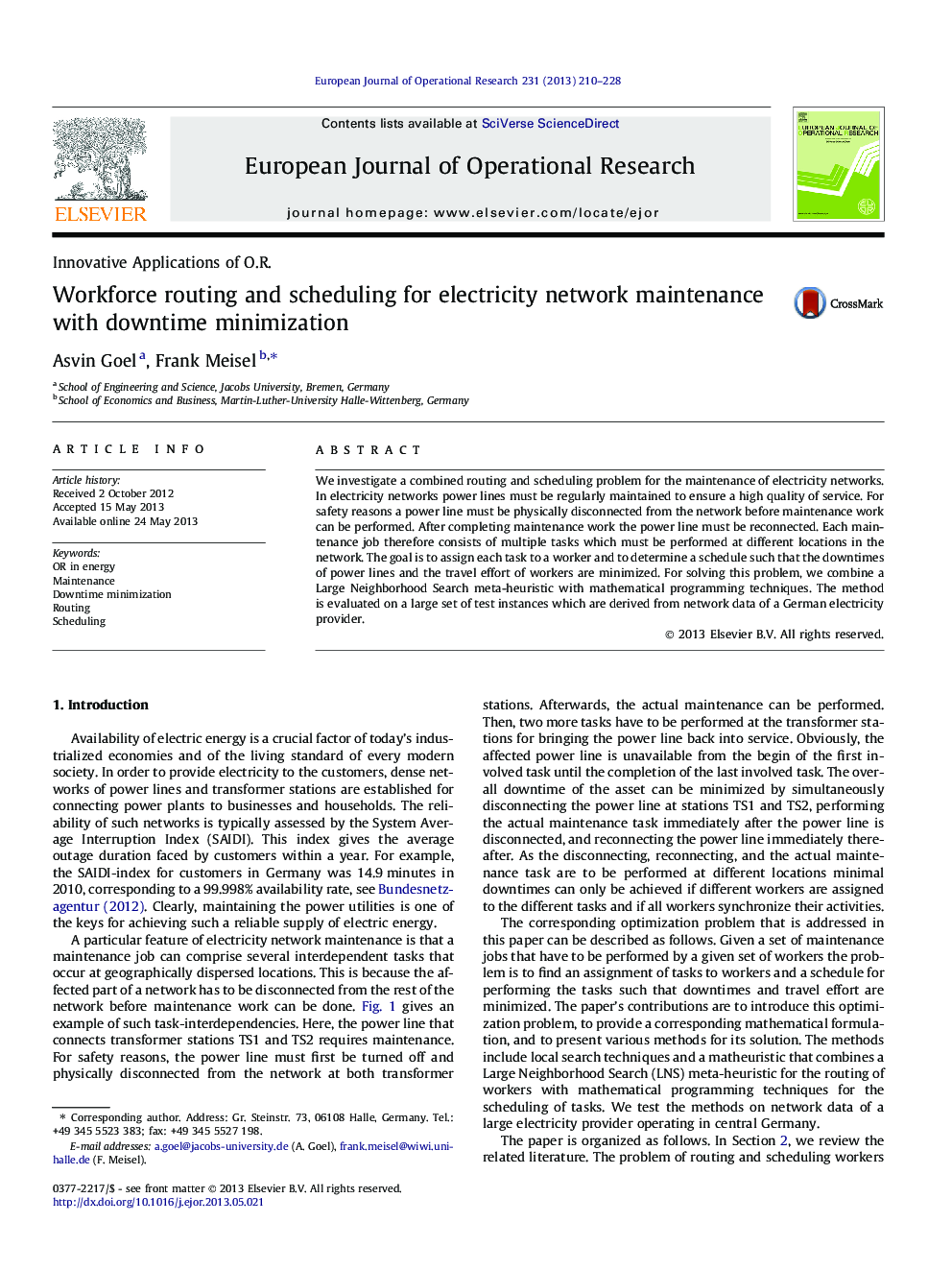 Workforce routing and scheduling for electricity network maintenance with downtime minimization