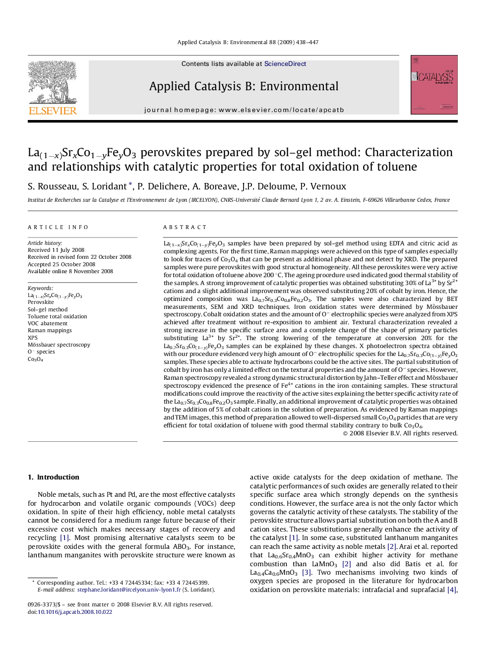 La(1−x)SrxCo1−yFeyO3 perovskites prepared by sol–gel method: Characterization and relationships with catalytic properties for total oxidation of toluene