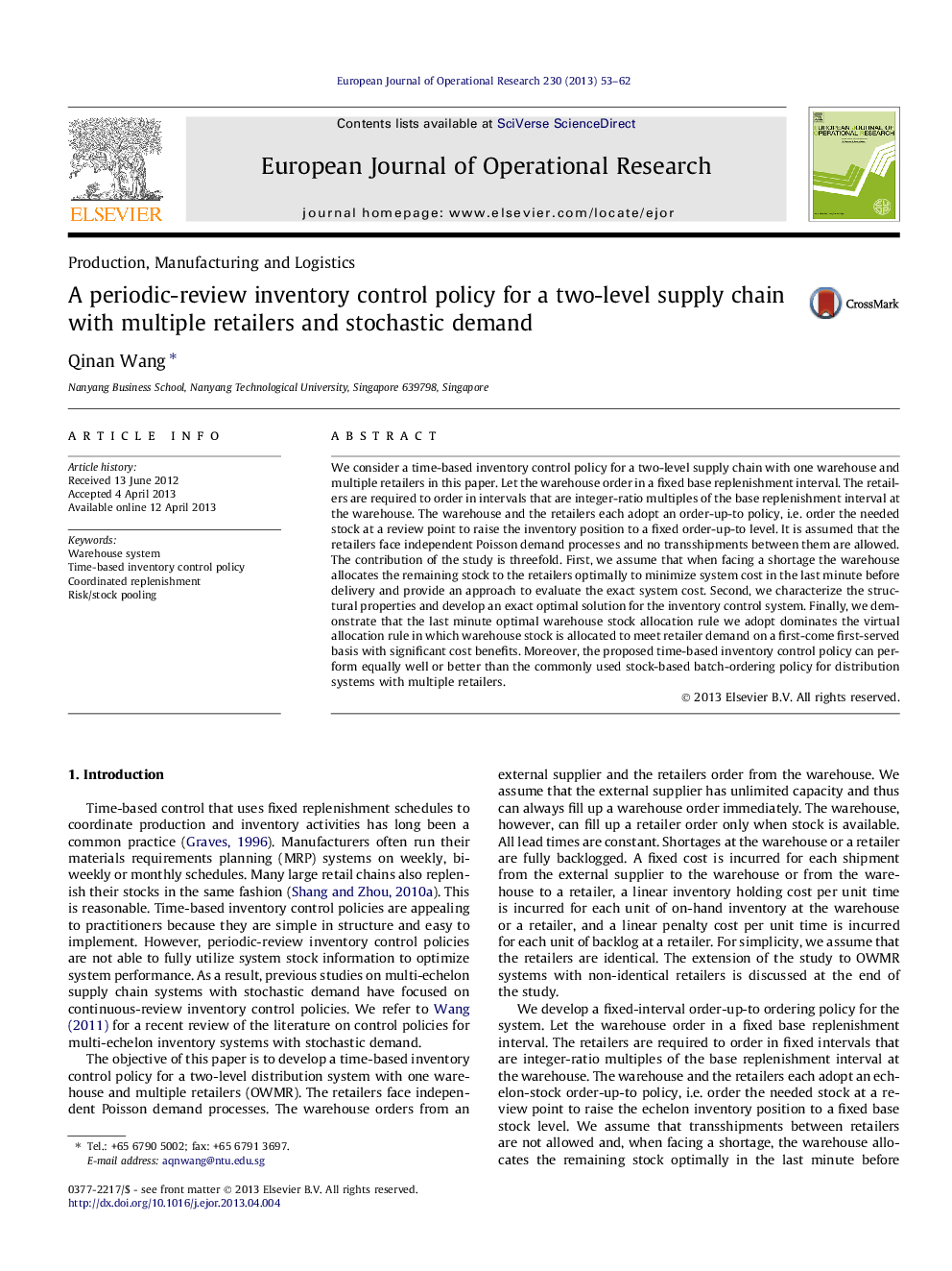 A periodic-review inventory control policy for a two-level supply chain with multiple retailers and stochastic demand