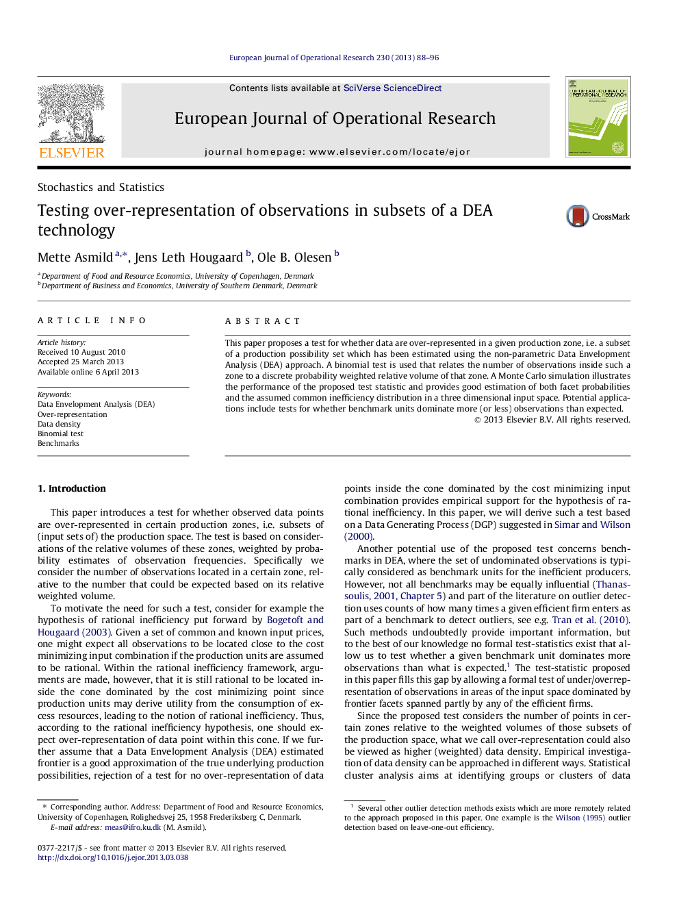 Testing over-representation of observations in subsets of a DEA technology