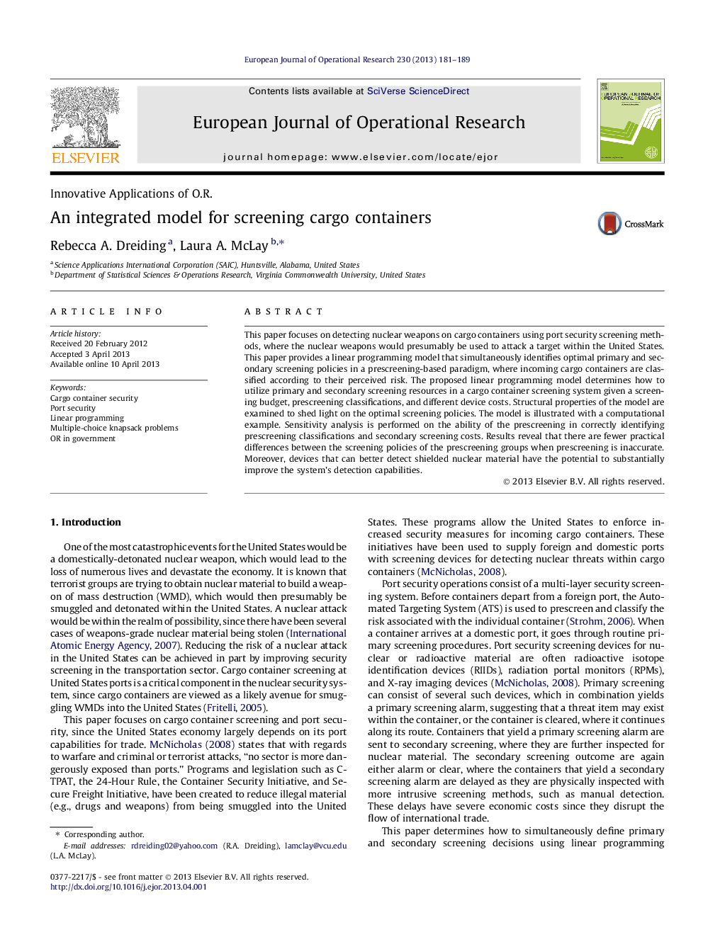 An integrated model for screening cargo containers