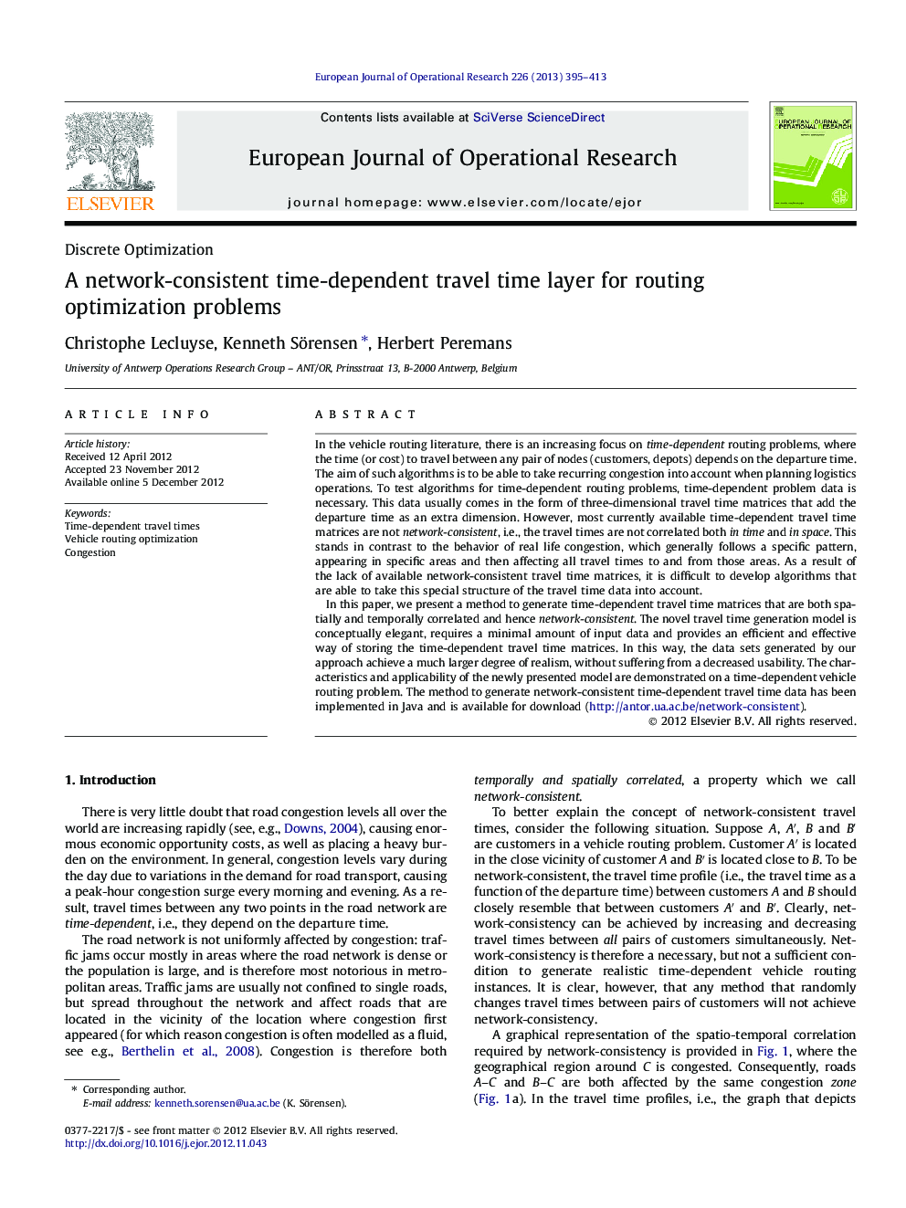 A network-consistent time-dependent travel time layer for routing optimization problems