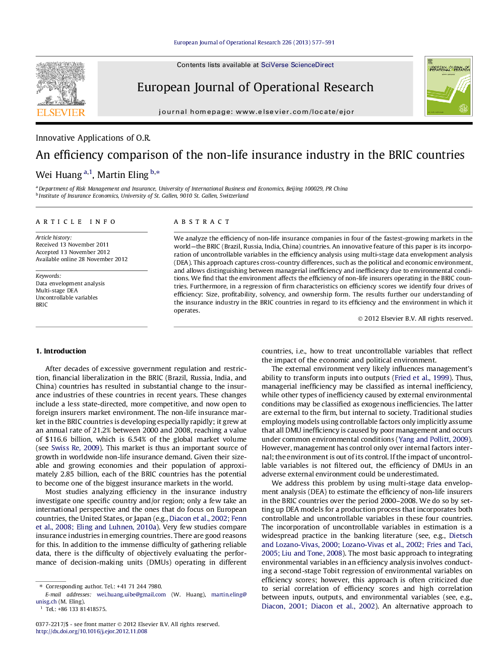 An efficiency comparison of the non-life insurance industry in the BRIC countries