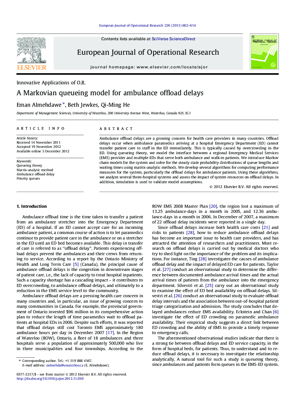 A Markovian queueing model for ambulance offload delays